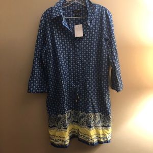 Blue and Yellow Print Button Down Shirt Dress